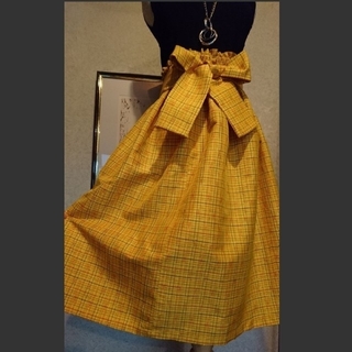 黄八丈( ´∀`)幸せの黄色チェックスカート♪着物リメイクギャザースカート( ´(ロングスカート)