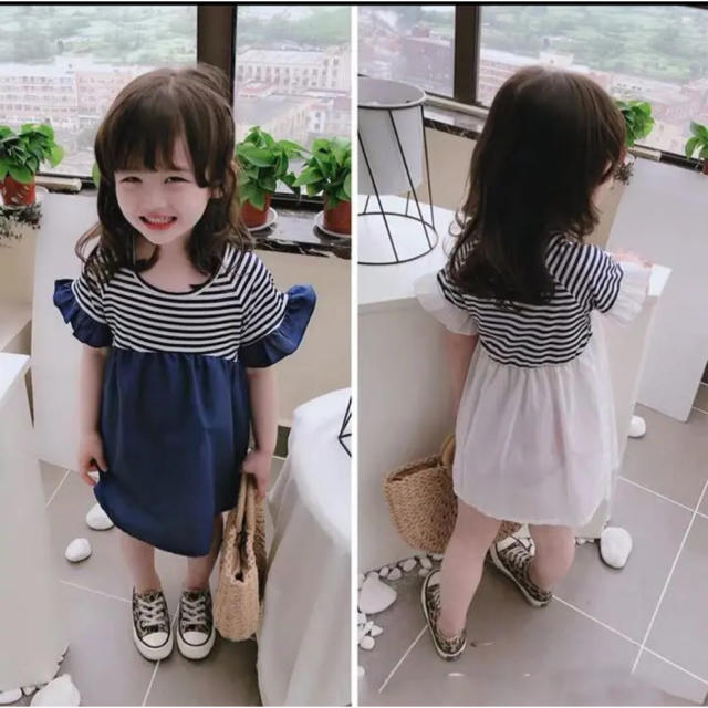 韓国子供服　半袖　ボーダー　切替ワンピース ネイビー キッズ/ベビー/マタニティのキッズ服女の子用(90cm~)(ワンピース)の商品写真