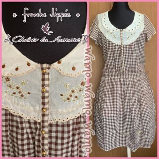 フランシュリッペ(franche lippee)のシェリーラファム　丸襟ヨーク切り替え刺繍ギンガムチェックワンピース ブラウン(ひざ丈ワンピース)