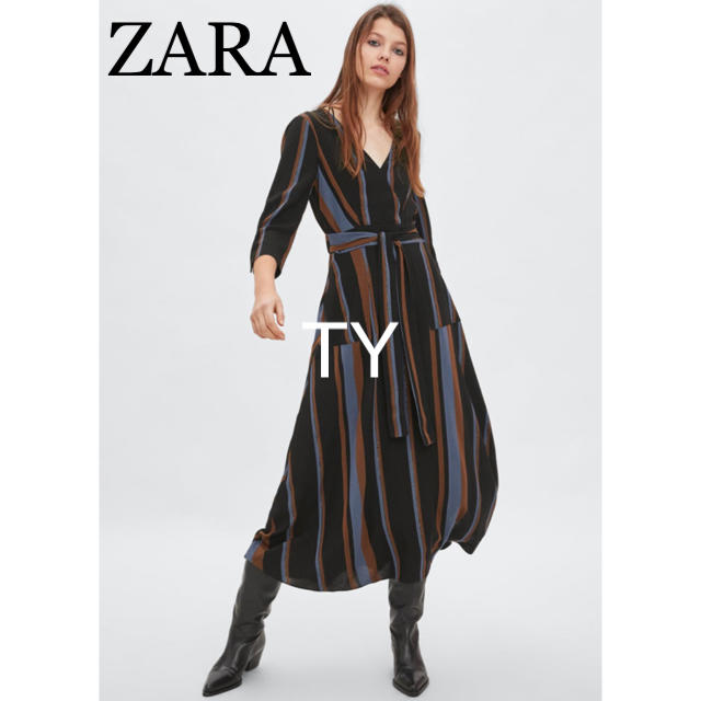 ZARA(ザラ)の完売品 ザラ ストライプ柄 ガウン ワンピース ドレス ベルト キモノ ドレス レディースのワンピース(ロングワンピース/マキシワンピース)の商品写真