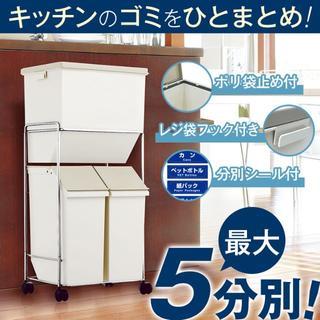 日本製 フタ付き縦型ゴミ箱/ダストボックス 【2段 5分別】ベージュ大容量60L(ごみ箱)