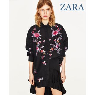 ザラ(ZARA)のsale!新品タグ付☆ZARAザラ☆フラワー刺繍シルクシャツブラウス黒(シャツ/ブラウス(長袖/七分))