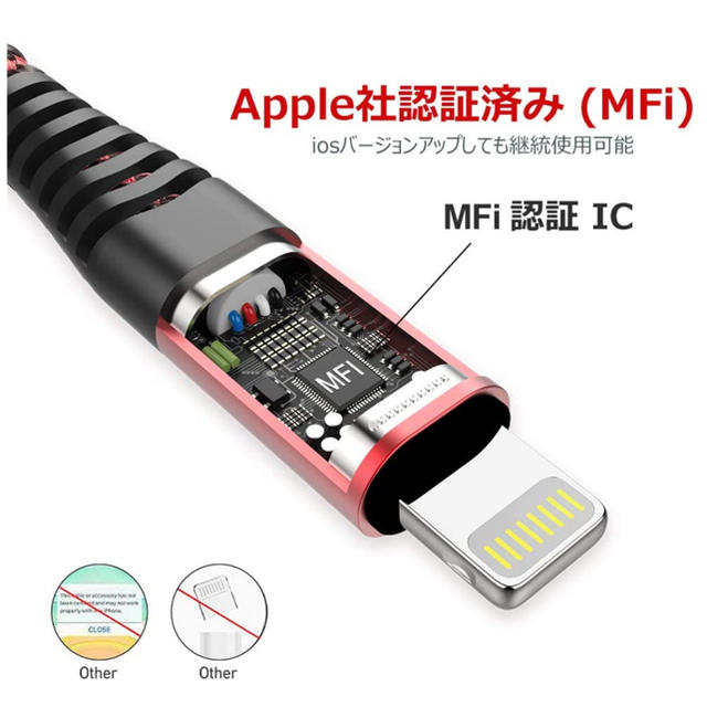 MFi認証 iPhone 充電 ケーブル 1M+2Mの二本セット スマホ/家電/カメラのスマートフォン/携帯電話(バッテリー/充電器)の商品写真