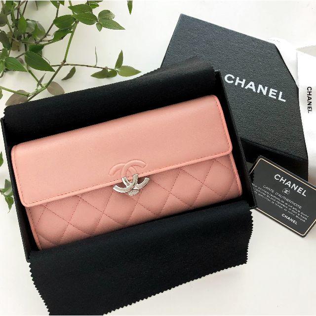CHANEL - 美品 正規品 CHANEL 長財布 ピンク カーフ フラップウォレット