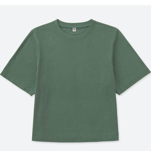 UNIQLO(ユニクロ)のクロップドクルーネックT  半袖 XL グリーン&ブラック レディースのトップス(Tシャツ(半袖/袖なし))の商品写真