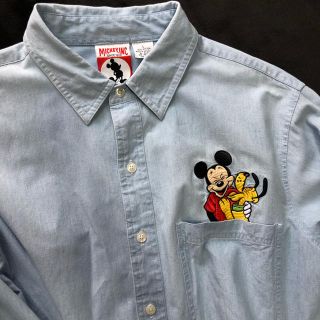 ディズニー(Disney)の90’s 古着 ミッキー プルート 刺繍 長袖シャツ(シャツ)