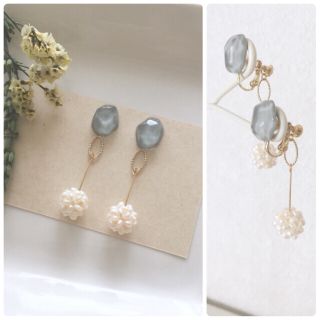 •✧○淡水パールボールのバックキャッチとカボションのピアス○✧•クリア 2way(ピアス)