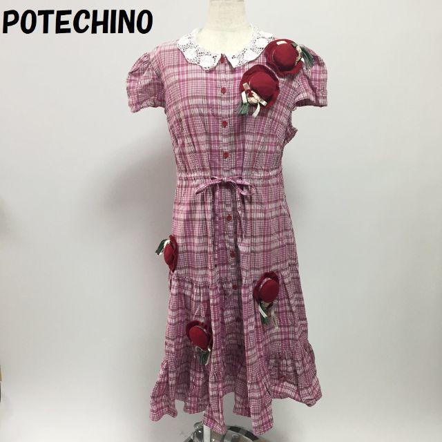 【人気】POTECHINO/ポテチーノ チェック柄 膝丈ワンピース 帽子飾り