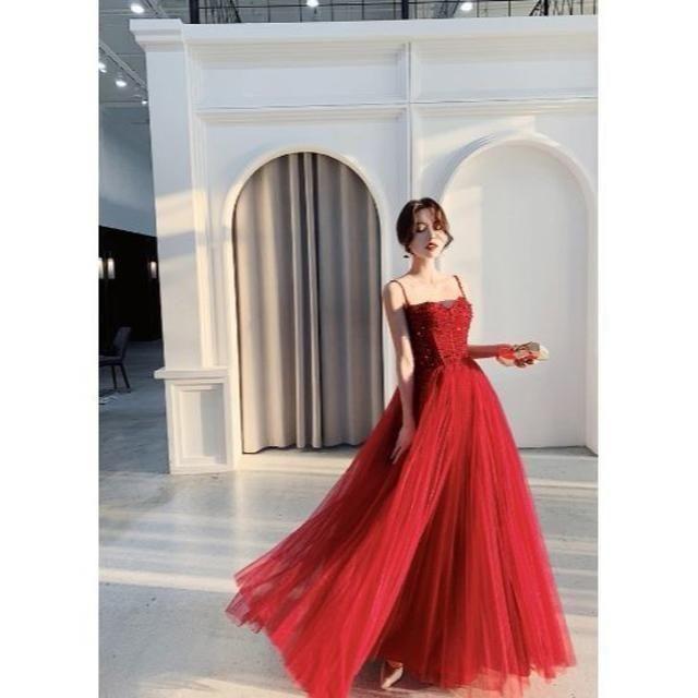 ロングドレス美品！ イブニングドレス 赤 キャミソール ロング 優雅なシ