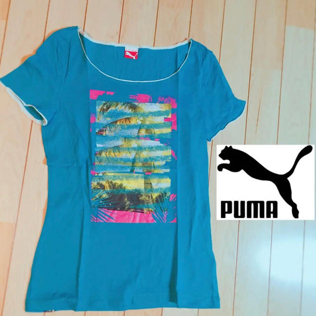 PUMA(プーマ)の9017 美品 puma Tシャツ ヤシの木 ブルー プーマ S アスレジャー レディースのトップス(Tシャツ(半袖/袖なし))の商品写真