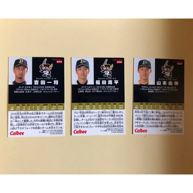 オリックス・バファローズ(オリックスバファローズ)のプロ野球チップスカード2019～オリックス・吉田一将、福田周平、山本由伸～ エンタメ/ホビーのトレーディングカード(シングルカード)の商品写真