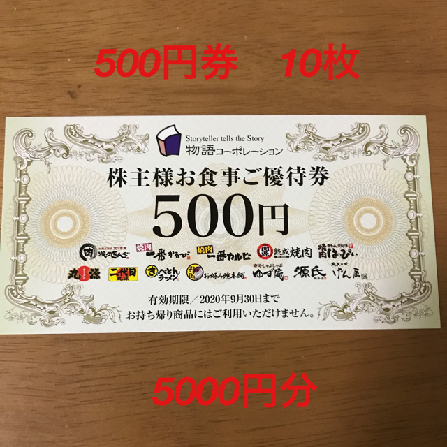 物語コーポレーション　株主様お食事ご優待券　5000円分（500円×10枚）② チケットの優待券/割引券(レストラン/食事券)の商品写真