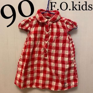 エフオーキッズ(F.O.KIDS)の90cm女の子　エフオーキッズ　赤×白色チェックシャツ　半袖パフスリーブ　襟付き(Tシャツ/カットソー)