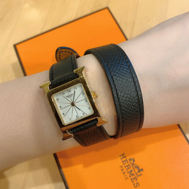 エルメス　HERMES Hウォッチ　ドゥブルトゥール　２連巻き　ブラックレザー