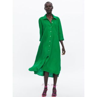 ザラ(ZARA)のZARA リネンシャツ　ロング丈ワンピース　XS(ロングワンピース/マキシワンピース)