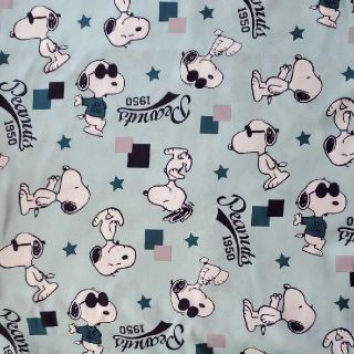 スヌーピー(SNOOPY)の50×50cm　可愛いスヌーピー★ブロック　シーツ生地　はぎれ　薄グリーンブルー(生地/糸)