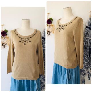 ローラアシュレイ(LAURA ASHLEY)のLAURA ASHLEY ローラアシュレイ＊ベージュラメストレッチカットソー L(カットソー(長袖/七分))