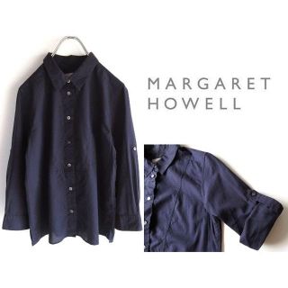 マーガレットハウエル(MARGARET HOWELL)のマーガレットハウエル ロールアップ袖 ドビードットシャツ 1 紺 日本製 春夏(シャツ/ブラウス(長袖/七分))