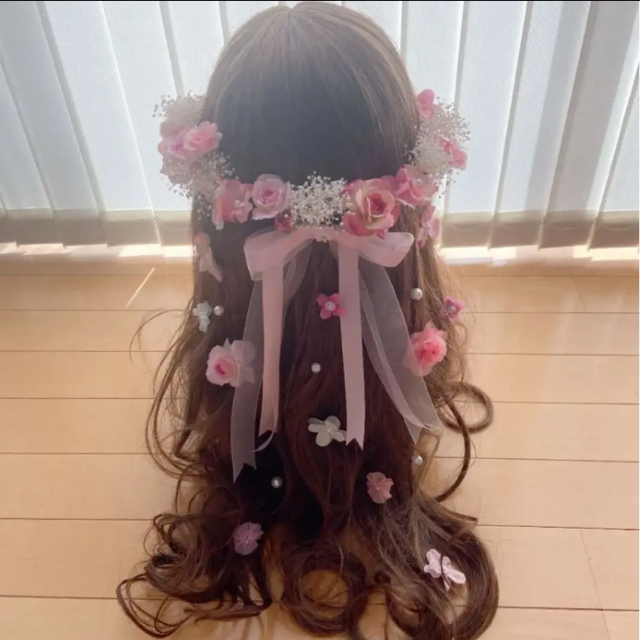 ラプンツェルハーフアップ髪飾り♡ピンク♡ピンクオレンジ ハンドメイドのアクセサリー(ヘアアクセサリー)の商品写真