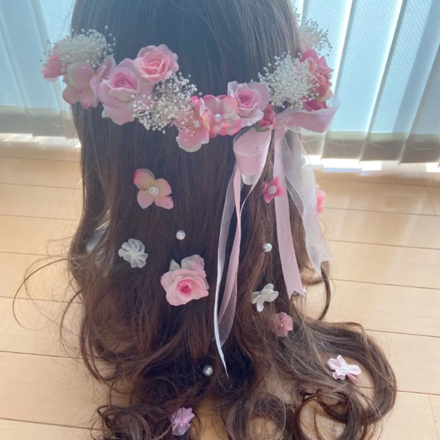 ラプンツェルハーフアップ髪飾り♡ピンク♡ピンクオレンジ ハンドメイドのアクセサリー(ヘアアクセサリー)の商品写真