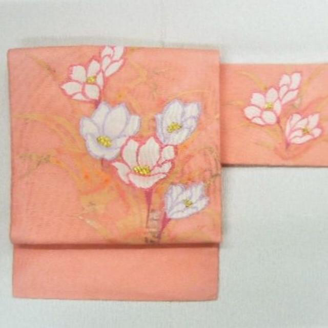 18 夏帯　正絹　絽　未使用　オレンジピンク地　花柄