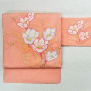 18 夏帯　正絹　絽　未使用　オレンジピンク地　花柄(帯)