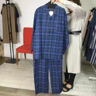 MENS チェック柄ルームウェア上下２点セット 青 L(ジャージ)