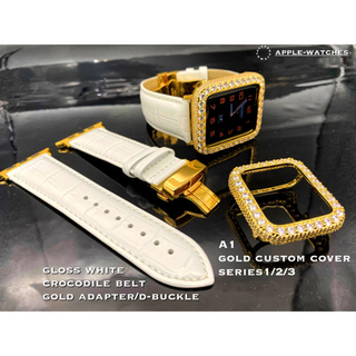 アップルウォッチ(Apple Watch)のゴールドxホワイト■アップルウォッチ38mm42mmカスタムカバーベルトセット(腕時計)