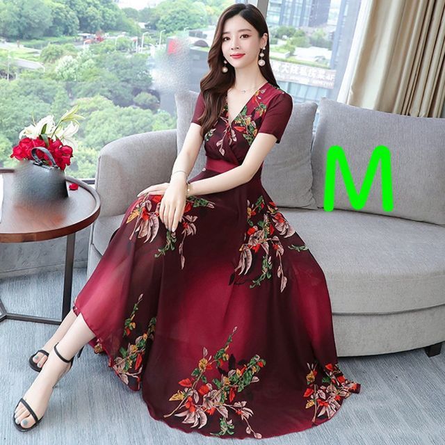 新品】半袖花柄ドレスワンピース Mサイズ-