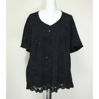 カルヴェン(CARVEN)のCARVEN カルヴェン　スパンコール付き黒レースと黒い別布の半袖ブラウス 46(シャツ/ブラウス(半袖/袖なし))