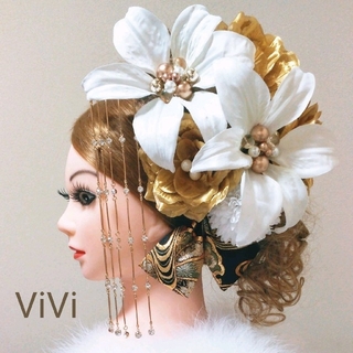 髪飾りViVi ～カサブランカ×ゴールド薔薇～ 成人式 結婚式 花魁 かんざし(その他)