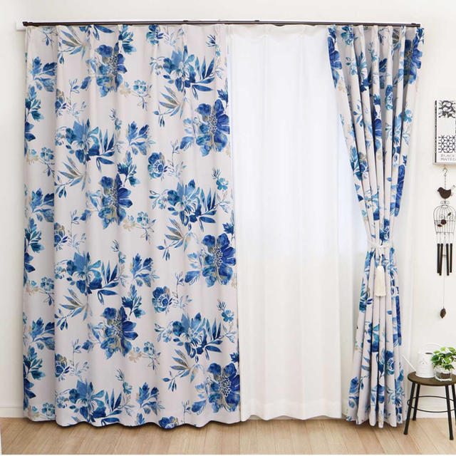 【未使用】ブルー 水彩 花柄 フラワー ボタニカル 遮光 カーテンの通販 by すず's shop ｜ラクマ