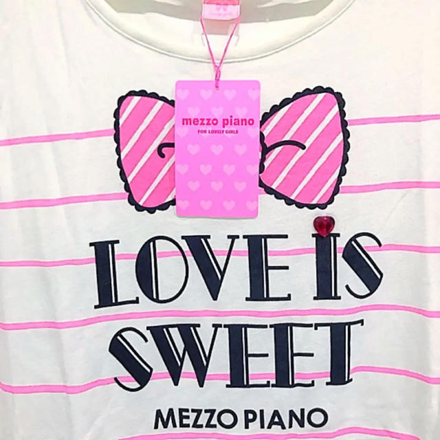 mezzo piano junior(メゾピアノジュニア)の【新品タグ付】メゾピアノ ロゴ入り 半袖 ロングTシャツ L160 白 ボーダー キッズ/ベビー/マタニティのキッズ服女の子用(90cm~)(Tシャツ/カットソー)の商品写真