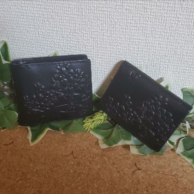 栃木レザー ヌメ革 和柄 さくら 二つ折り財布 名刺入れ セット BLACK