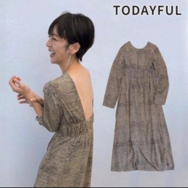 todayful Print Shirring Dress プリントサテンドレス