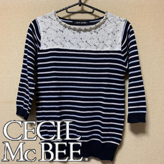 CECIL McBEE(セシルマクビー)の【美品】CECIL McBEE レース切り替え7分袖ボーダーサマーニット レディースのトップス(ニット/セーター)の商品写真