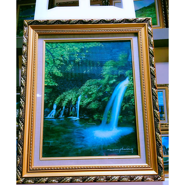 緑　滝　風景画　油絵　絵画　インテリア 1