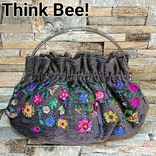 シンクビー(Think Bee!)の極美品 シンクビー フラージェビーズ ハンドバッグ フラワー刺繍 口金 グレー(ハンドバッグ)