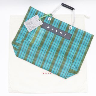 マルニ(Marni)の新品 マルニ フラワーカフェ トートバッグ ターコイズチェック ストライプバッグ(トートバッグ)