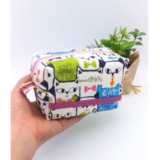 ハンドメイド☆ボックスポーチ※ネコ&ストライプ柄（ピンク）(ポーチ)