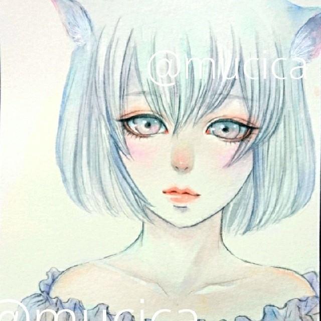 むぅしかオリジナルイラスト専用   手描きイラスト《 ねこ 》オリジナル 水彩画 美人画 美少女 猫耳