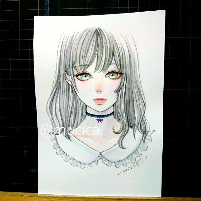 手描きイラスト《 リボンのチョーカー  》オリジナル 水彩画 美人画 美少女 エンタメ/ホビーの美術品/アンティーク(絵画/タペストリー)の商品写真