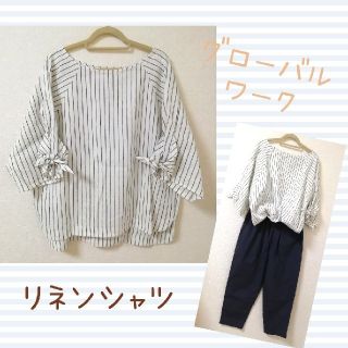 グローバルワーク(GLOBAL WORK)の☆グローバルワーク☆ 袖リボン リネンシャツ Mサイズ(シャツ/ブラウス(長袖/七分))