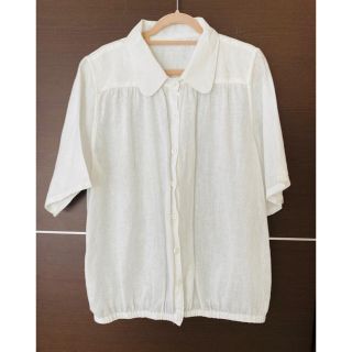 【値下げ！美品】半袖　リネンブラウス　白　マーガレットハウエル風　ハンドメイド(シャツ/ブラウス(半袖/袖なし))