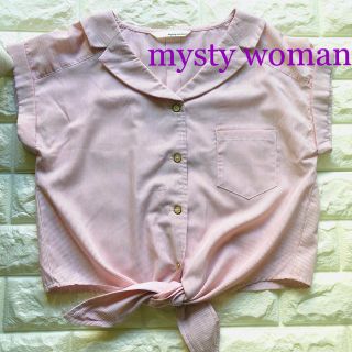 ミスティウーマン(mysty woman)のmysty woman  赤 ストライプシャツ 襟付き フレンチスリーブ(シャツ/ブラウス(半袖/袖なし))