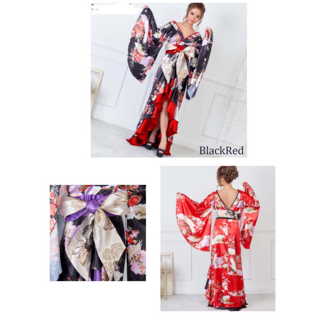 サテン和柄フリルロング着物ドレス 衣装   花魁 コス キャバドレス6カラー エンタメ/ホビーのコスプレ(衣装)の商品写真
