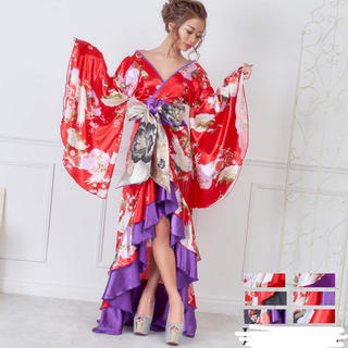 サテン和柄フリルロング着物ドレス 衣装   花魁 コス キャバドレス6カラー(衣装)