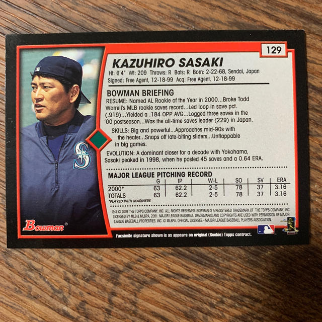 送料込】佐々木主浩投手のBowmanサイン野球カード！2001#129の通販 by mashiko's shop｜ラクマ