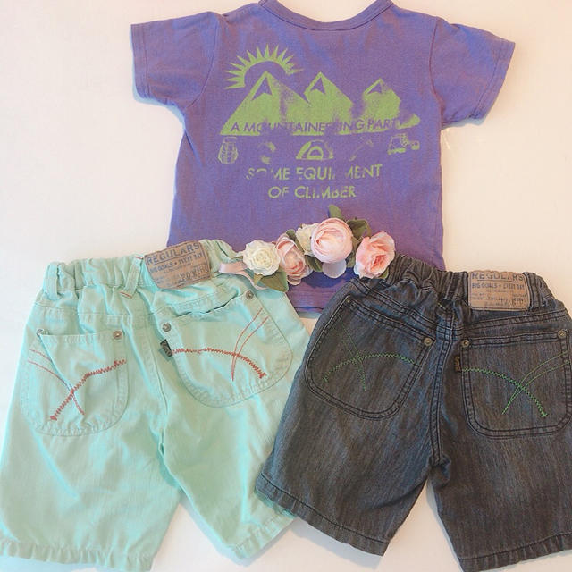 BREEZE(ブリーズ)の♡3枚セット100/110♡BREEZEハーフパンツ黄緑&黒・紫Tシャツ キッズ/ベビー/マタニティのキッズ服男の子用(90cm~)(パンツ/スパッツ)の商品写真