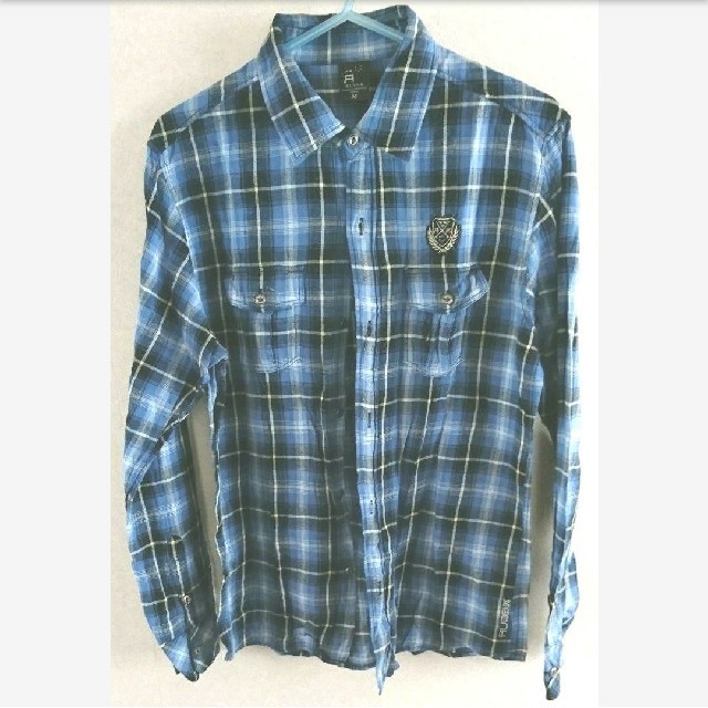 RUSS・K(ラスケー)のRUSSKメンズ薄手チェックシャツブルーシャツサイズM身幅46cm身丈74cm メンズのトップス(シャツ)の商品写真